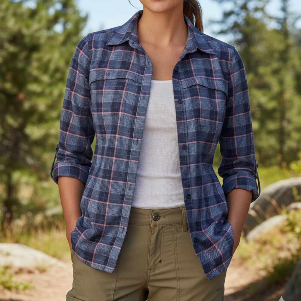 Columbia Vented Plaid Hiking Shirt - Blue & Pink - Size LG